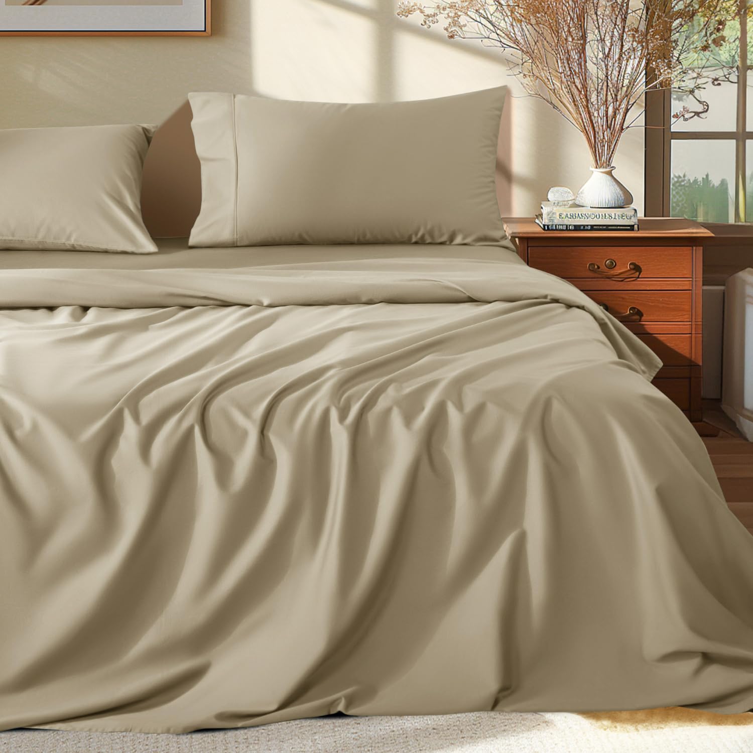 Shilucheng 100% Egyptian Cotton Queen Size Sheets Set - 1000 Thread Count,Luxury Cotton Bed Sheets,Breathable & Cooling Bedding And Pillow Cases, 16 Inch Deep Pocket - 4 Piece (Linen, Queen)